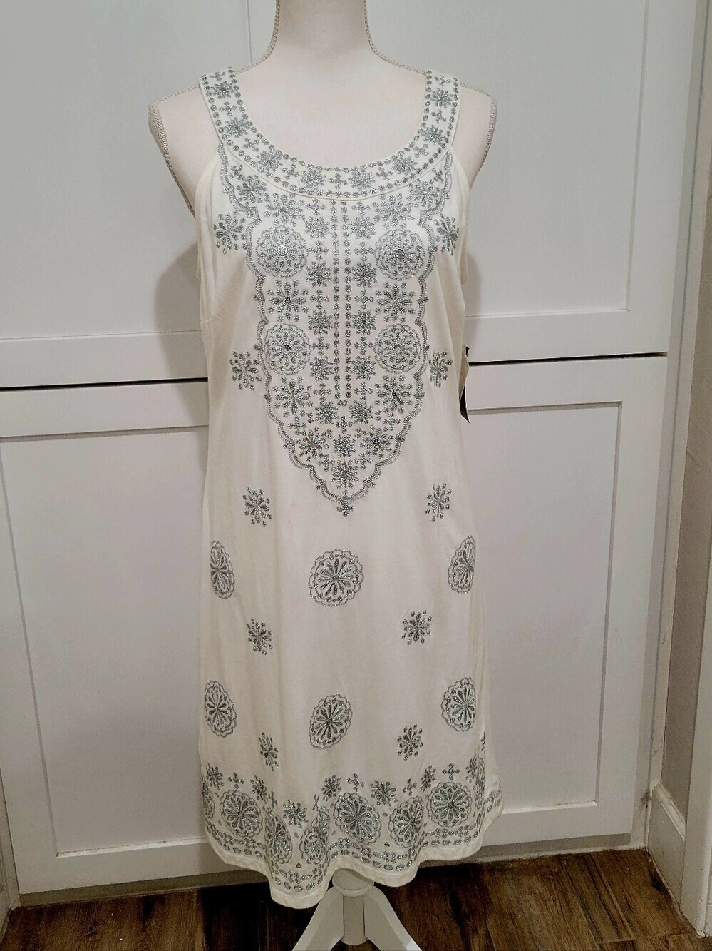 NWT INC International Concepts White Sleeveless Midi Dress w/Silver Embroidery L